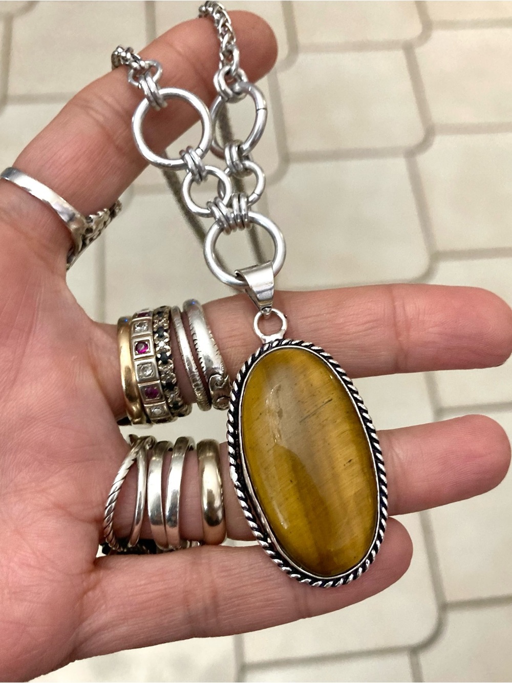 Genuine golden tiger eye gemstone boho oval medallion charm silver necklace - Picture 5 of 14